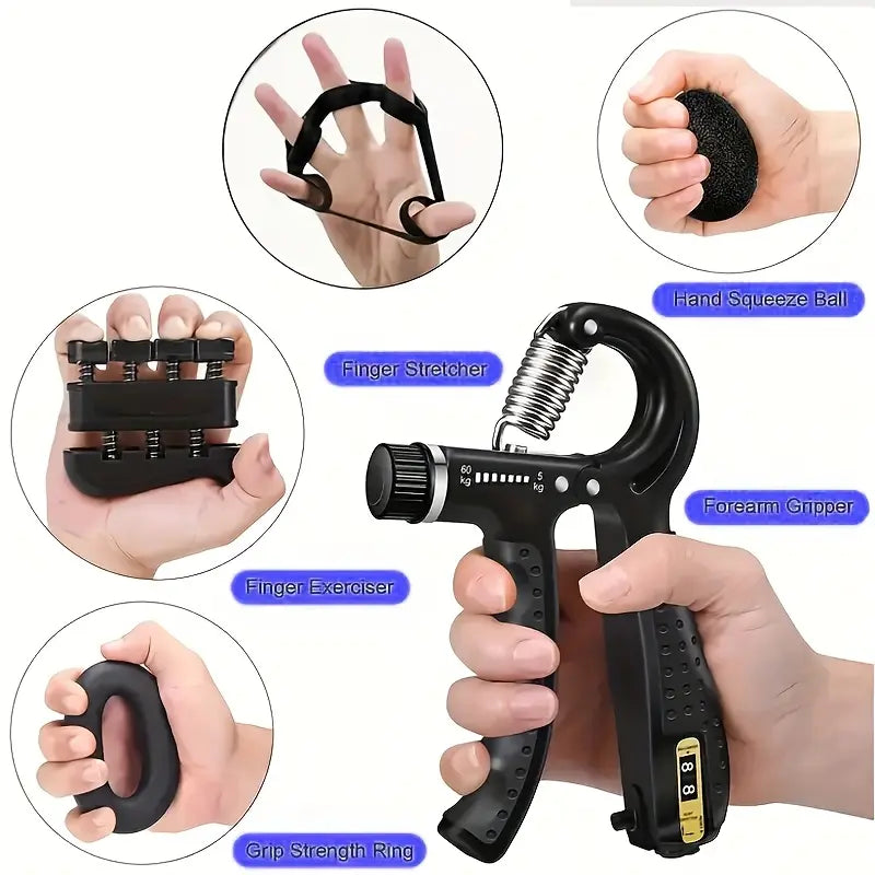 6-In-1 Grip Strength Training Set, Grip Strength Trainer, Combined with Finger Trainer, Forearm Enhancer, Stress Relief Ball and Hand Exercise Ring, Suitable for Muscle Building and Recovery, Adjustable.