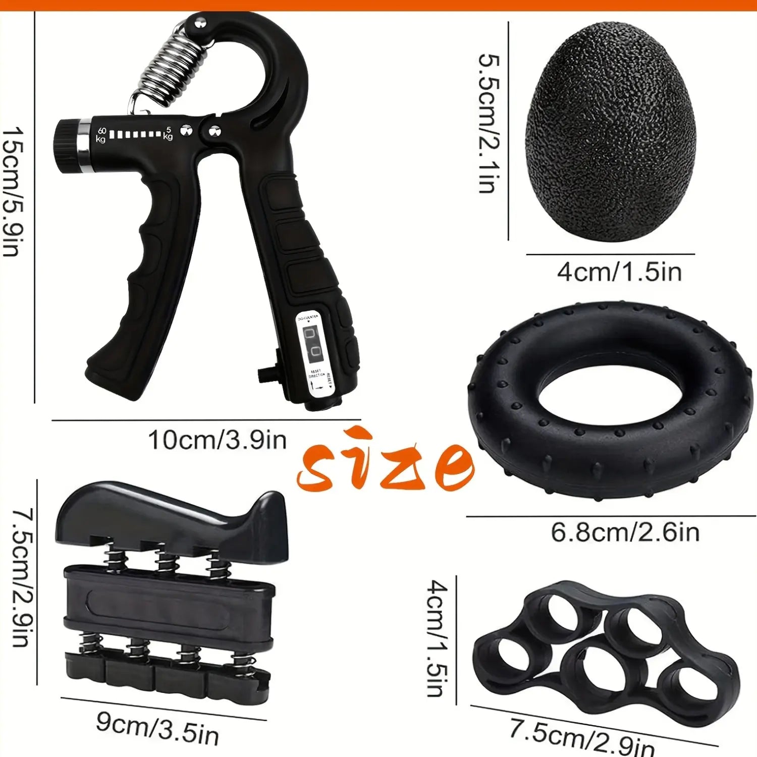 6-In-1 Grip Strength Training Set, Grip Strength Trainer, Combined with Finger Trainer, Forearm Enhancer, Stress Relief Ball and Hand Exercise Ring, Suitable for Muscle Building and Recovery, Adjustable.