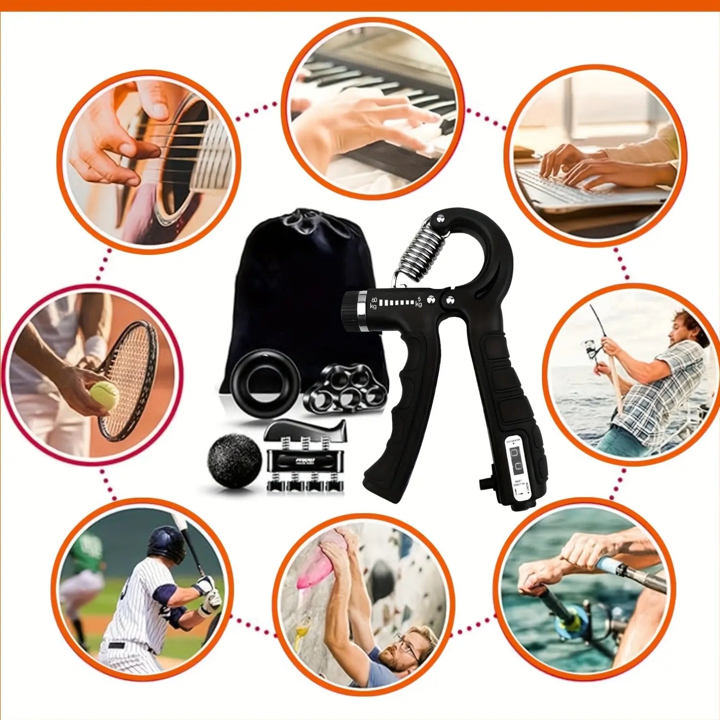 6-In-1 Grip Strength Training Set, Grip Strength Trainer, Combined with Finger Trainer, Forearm Enhancer, Stress Relief Ball and Hand Exercise Ring, Suitable for Muscle Building and Recovery, Adjustable.