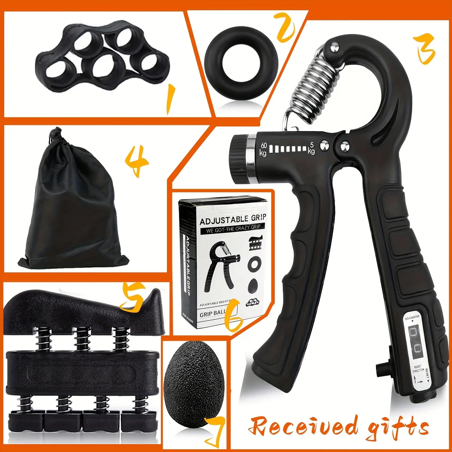 6-In-1 Grip Strength Training Set, Grip Strength Trainer, Combined with Finger Trainer, Forearm Enhancer, Stress Relief Ball and Hand Exercise Ring, Suitable for Muscle Building and Recovery, Adjustable.